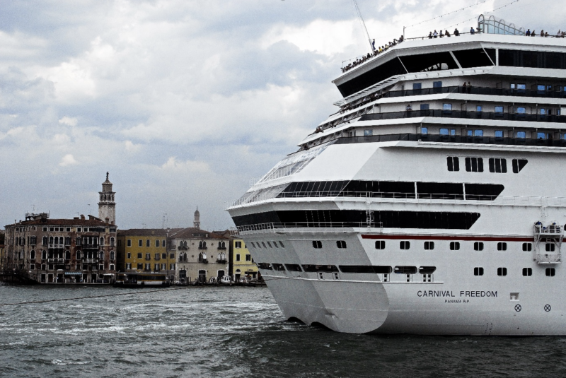 A cruise ship pulls up to Venice, Italy