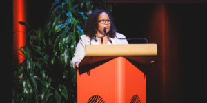 Aurelie Reman speaking at Sunny Side of the Doc